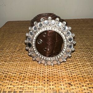 Womens Large Round Jewled Buckle Faux Leather Belt Brown Boho Hippie Classic Y2K